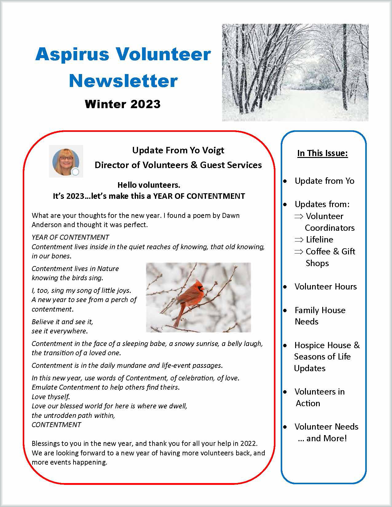 Aspirus Volunteer Newsletter - Winter 2023